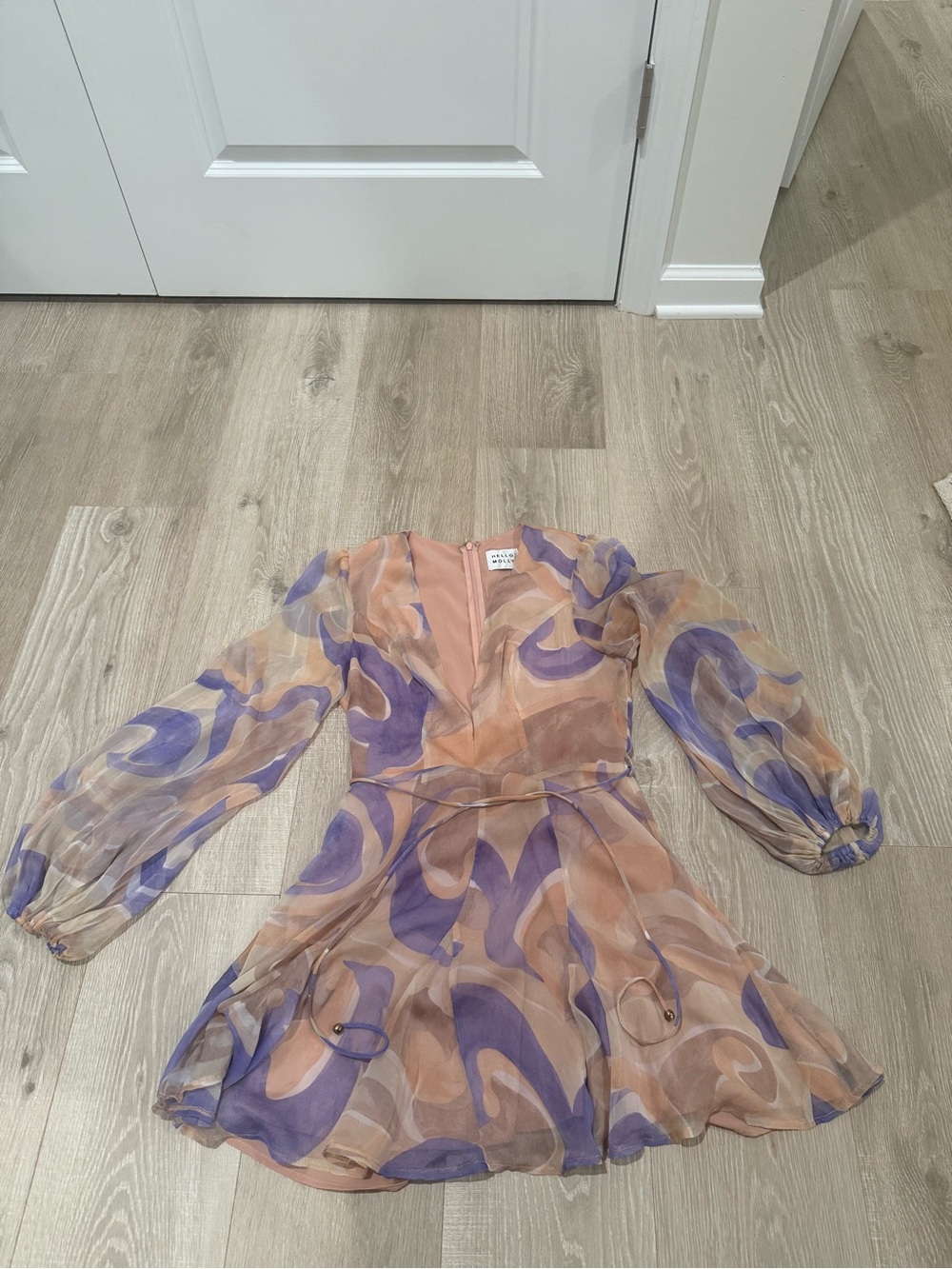 Sheer Abstract Print Mini Dress in Peach & Lavender